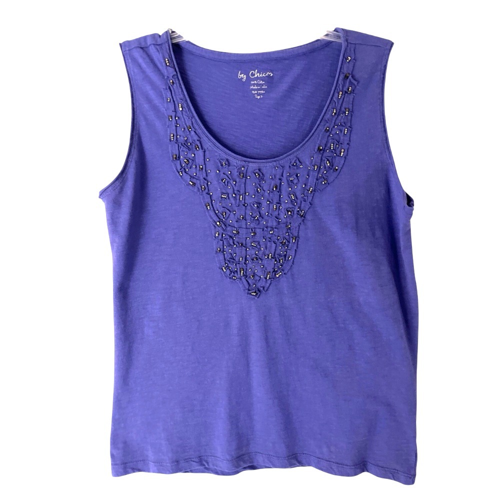 NWT Chico's Cotton Knit Tank Top PURPLE w/GUNMETAL BEADED Cut-Piece Trim SZ 2